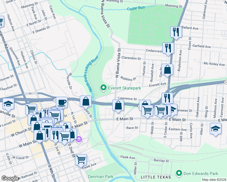 map of restaurants, bars, coffee shops, grocery stores, and more near 84 North Buena Vista Street in Newark