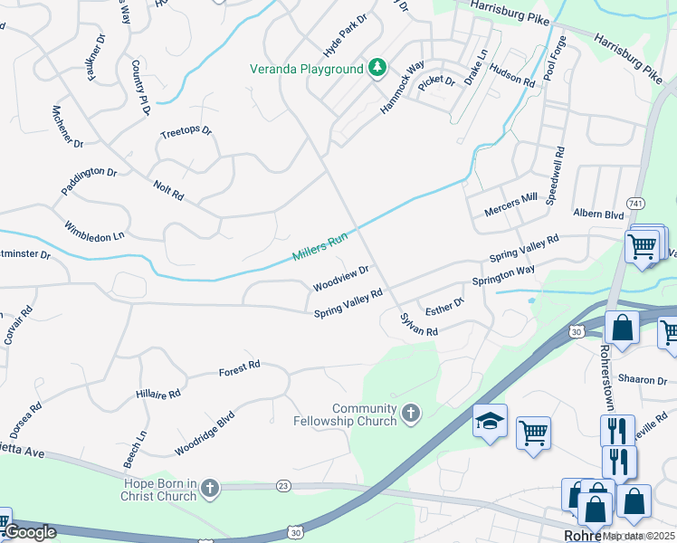 map of restaurants, bars, coffee shops, grocery stores, and more near 2585 Woodview Drive in Lancaster