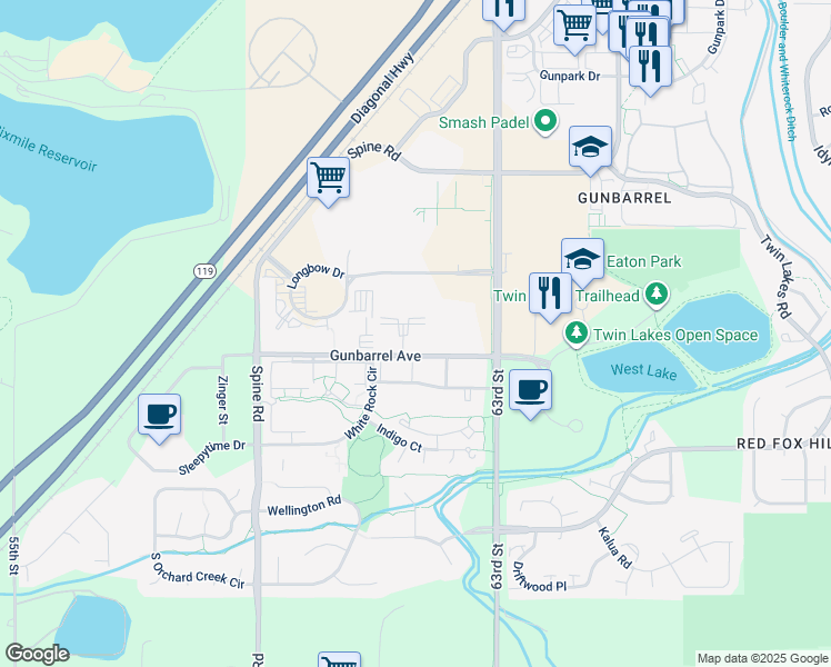 map of restaurants, bars, coffee shops, grocery stores, and more near 6165 Gunbarrel Avenue in Boulder
