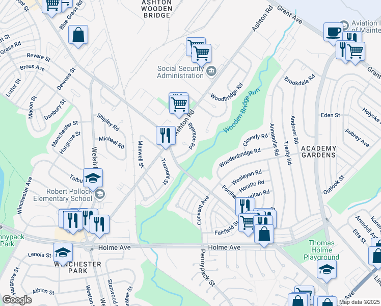 map of restaurants, bars, coffee shops, grocery stores, and more near 9137 Ryerson Road in Philadelphia