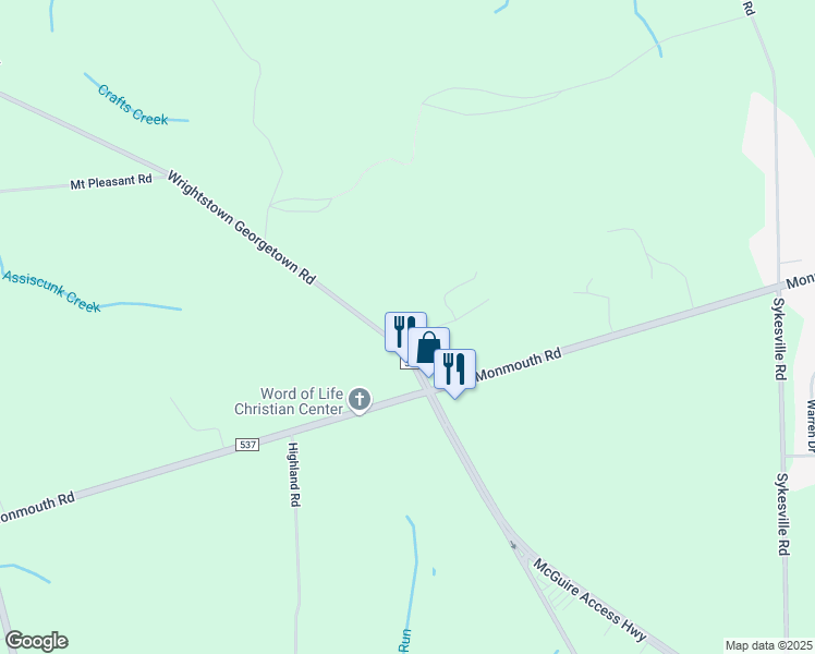 map of restaurants, bars, coffee shops, grocery stores, and more near 3 Cebulka Drive in Burlington County