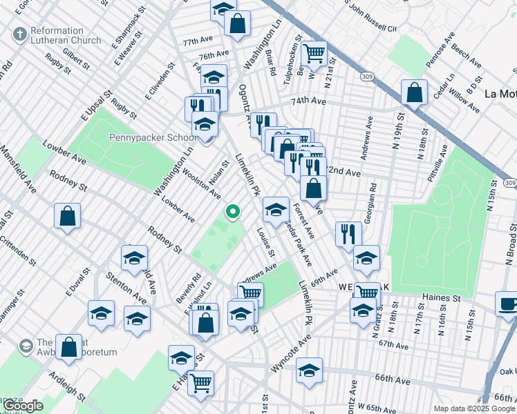 map of restaurants, bars, coffee shops, grocery stores, and more near 7206 Limekiln Pike in Philadelphia