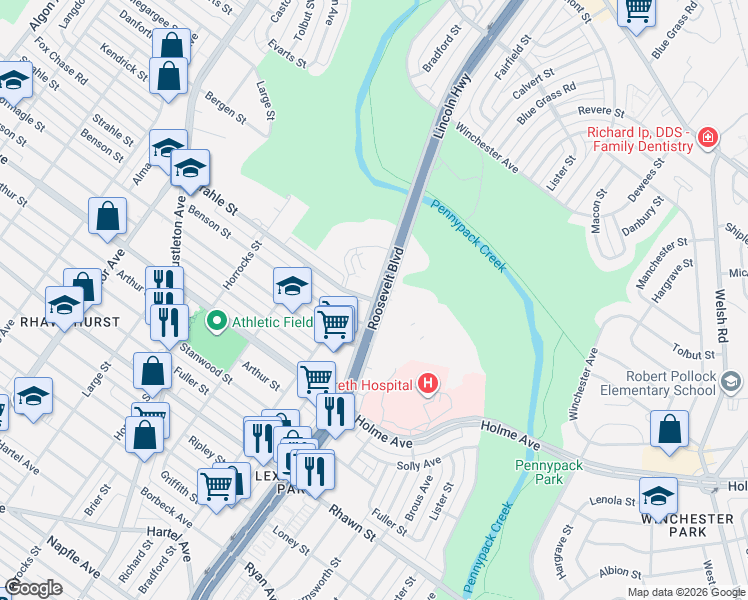 map of restaurants, bars, coffee shops, grocery stores, and more near E Roosevelt Blvd & Strahle St in Philadelphia