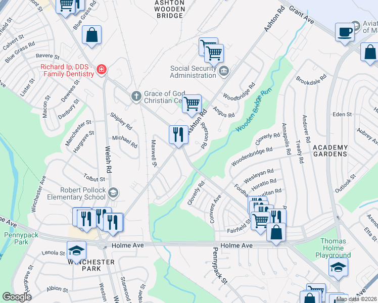 map of restaurants, bars, coffee shops, grocery stores, and more near 9105 Ryerson Road in Philadelphia