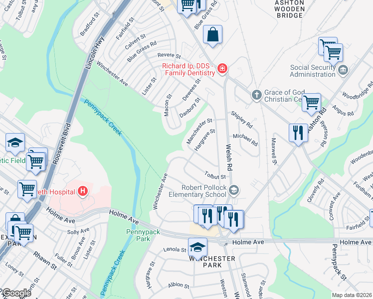 map of restaurants, bars, coffee shops, grocery stores, and more near 8728 Hargrave Street in Philadelphia