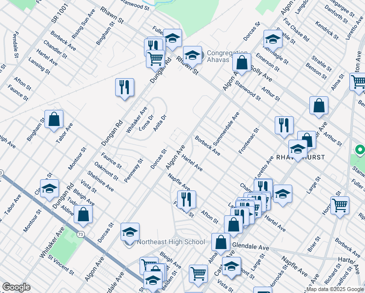 map of restaurants, bars, coffee shops, grocery stores, and more near 7804 Langdon Street in Philadelphia