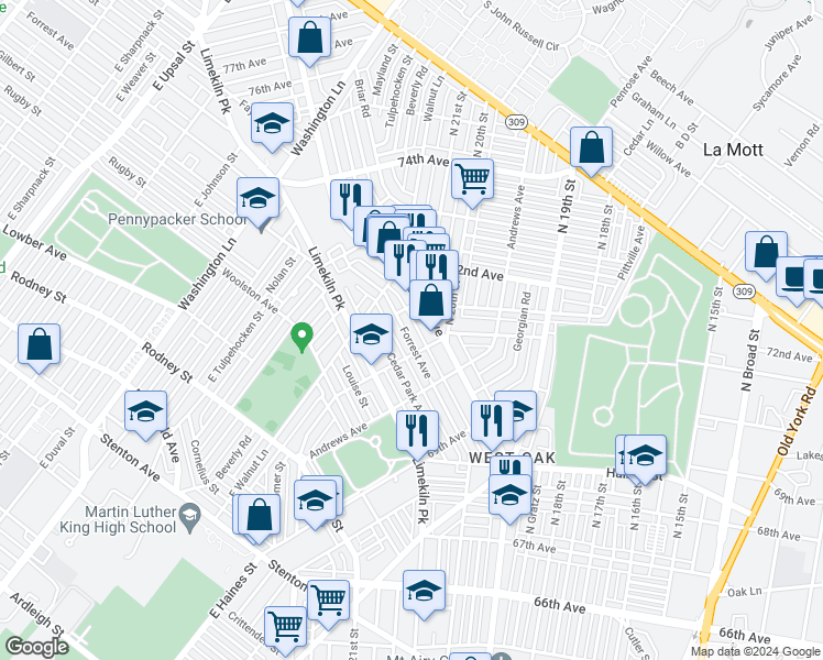 map of restaurants, bars, coffee shops, grocery stores, and more near 7050 Forrest Avenue in Philadelphia
