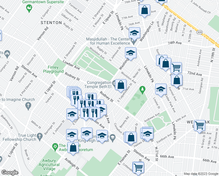 map of restaurants, bars, coffee shops, grocery stores, and more near 1627 Mayland Street in Philadelphia
