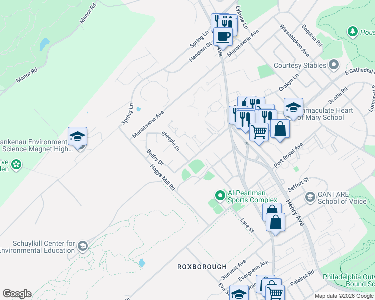 map of restaurants, bars, coffee shops, grocery stores, and more near 8601 Steeple Drive in Philadelphia