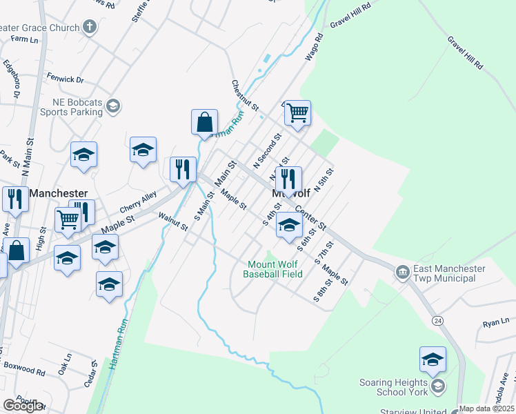 map of restaurants, bars, coffee shops, grocery stores, and more near 94 South 4th Street in Mount Wolf