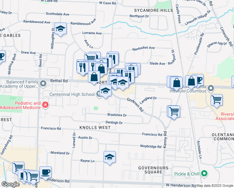 map of restaurants, bars, coffee shops, grocery stores, and more near 5073 Cambrian Drive in Columbus