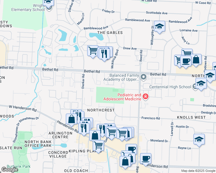 map of restaurants, bars, coffee shops, grocery stores, and more near 5095 Reed Road in Columbus