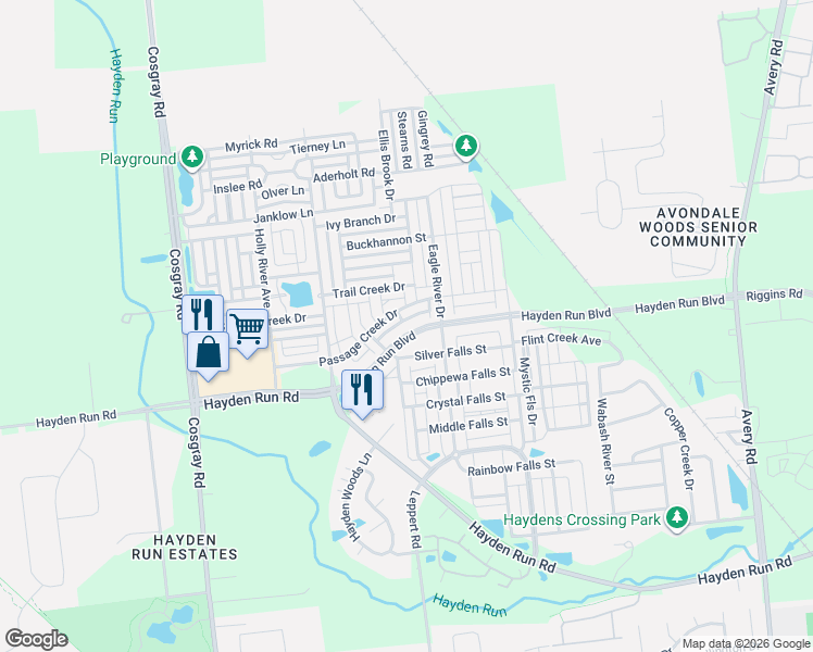 map of restaurants, bars, coffee shops, grocery stores, and more near 5730 Silver Falls Street in Dublin