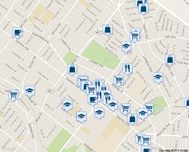 map of restaurants, bars, coffee shops, grocery stores, and more near 1525 East Johnson Street in Philadelphia