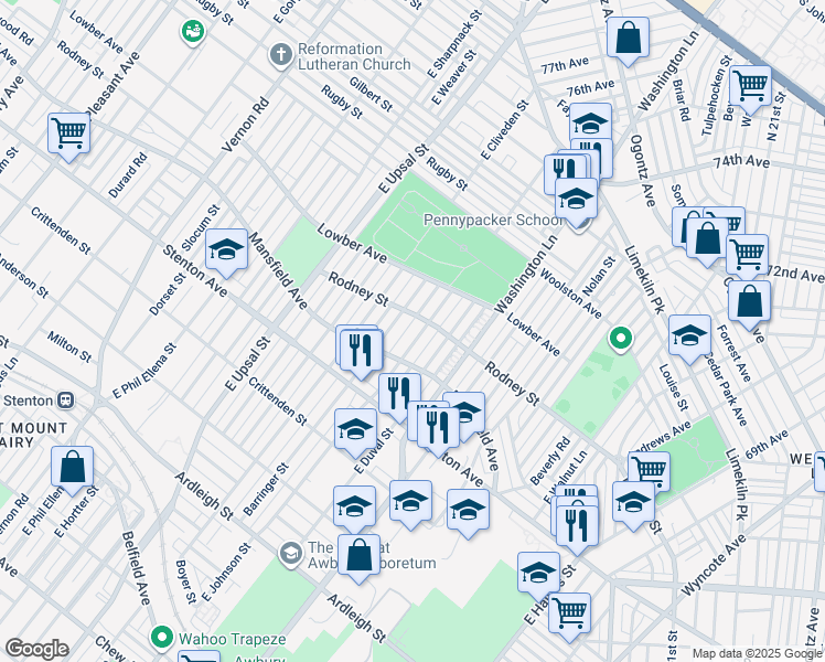 map of restaurants, bars, coffee shops, grocery stores, and more near 1525 East Johnson Street in Philadelphia