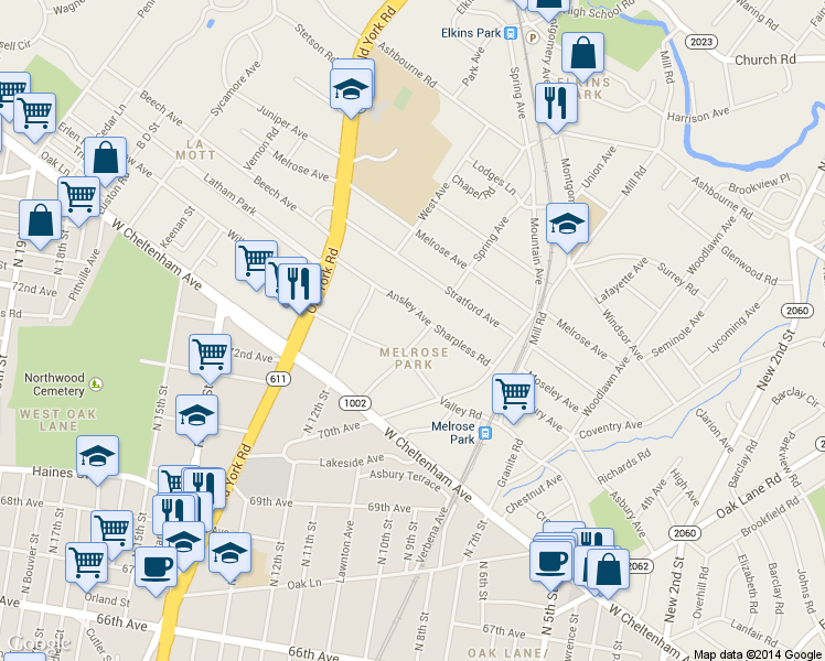 map of restaurants, bars, coffee shops, grocery stores, and more near 7408 Sharpless Road in Melrose Park