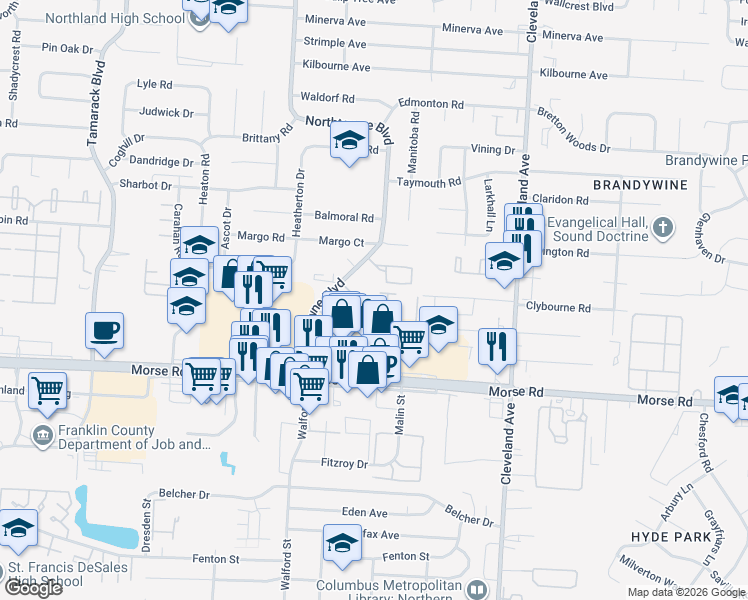 map of restaurants, bars, coffee shops, grocery stores, and more near 4621 Northtowne Boulevard in Columbus