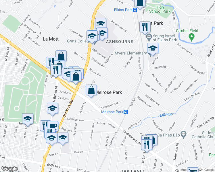 map of restaurants, bars, coffee shops, grocery stores, and more near 7408 Sharpless Road in Melrose Park