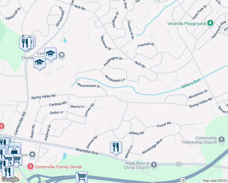 map of restaurants, bars, coffee shops, grocery stores, and more near 2813 Spring Valley Road in Lancaster