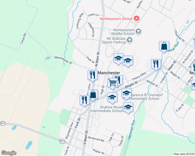 map of restaurants, bars, coffee shops, grocery stores, and more near 111 Pennsylvania 181 in Manchester