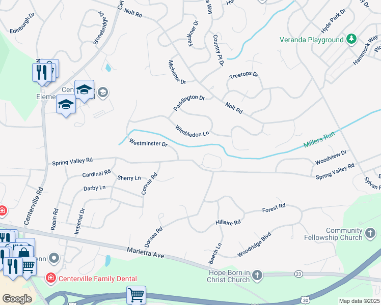 map of restaurants, bars, coffee shops, grocery stores, and more near 2813 Spring Valley Road in Lancaster