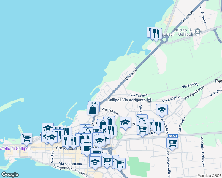 map of restaurants, bars, coffee shops, grocery stores, and more near 23 Via Brescia in Gallipoli