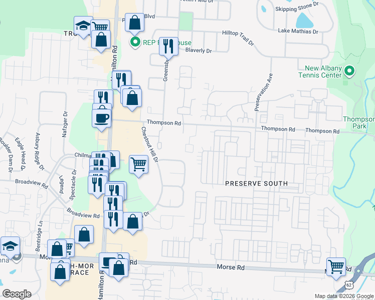 map of restaurants, bars, coffee shops, grocery stores, and more near 5101 Thompson Road in Columbus