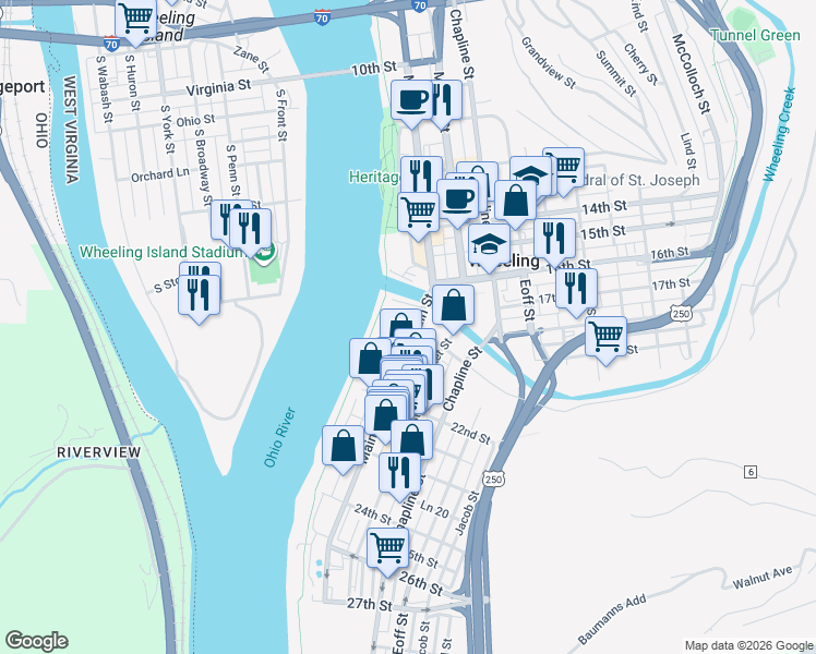 map of restaurants, bars, coffee shops, grocery stores, and more near 2301 Main Street in Wheeling