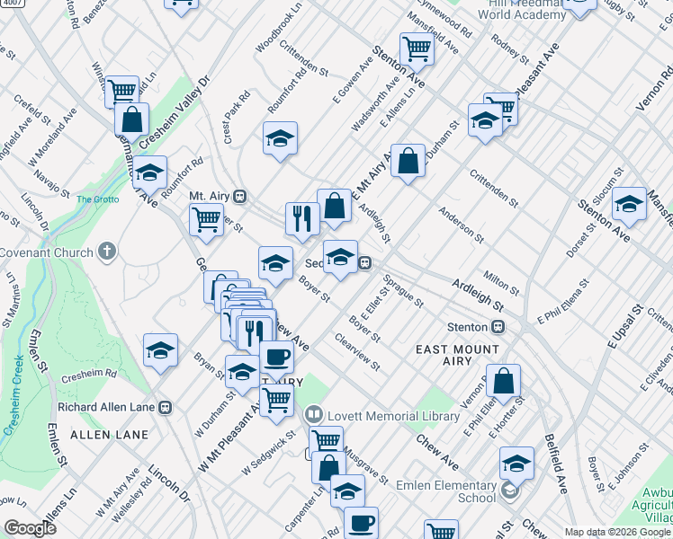 map of restaurants, bars, coffee shops, grocery stores, and more near 230 East Durham Street in Philadelphia