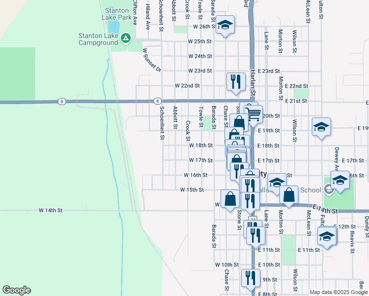 map of restaurants, bars, coffee shops, grocery stores, and more near 1700-1798 Crook Street in Falls City