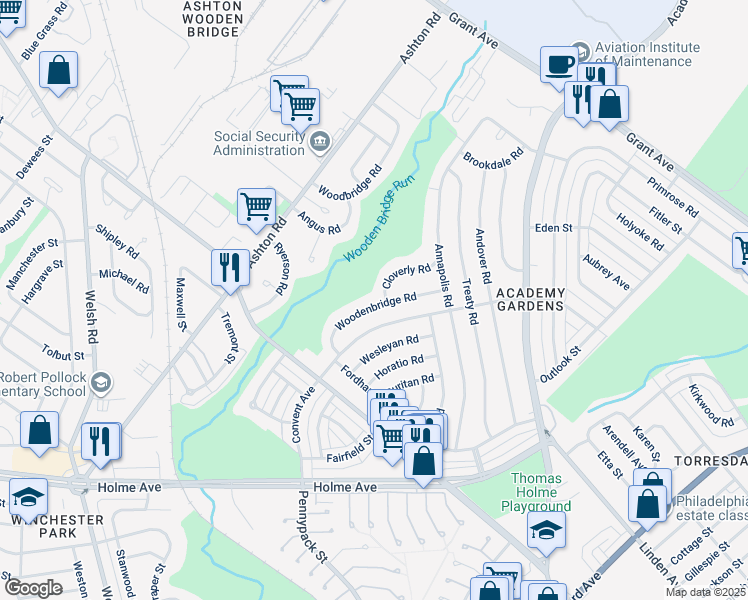 map of restaurants, bars, coffee shops, grocery stores, and more near 9230 Woodenbridge Road in Philadelphia