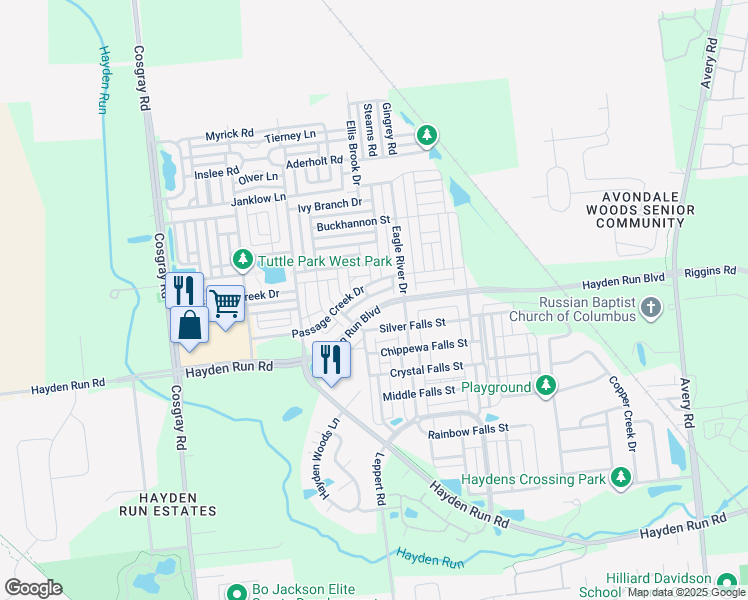 map of restaurants, bars, coffee shops, grocery stores, and more near 5744 Hayden Run Boulevard in Dublin