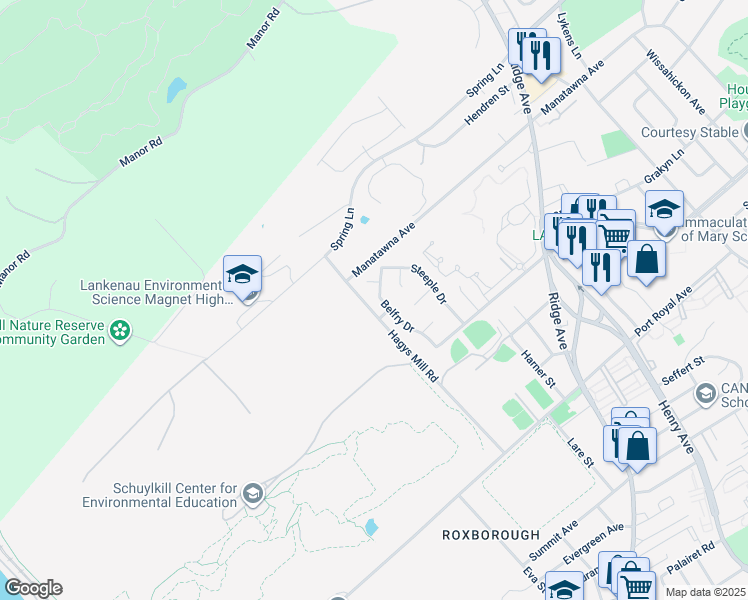 map of restaurants, bars, coffee shops, grocery stores, and more near 8648 Belfry Drive in Philadelphia