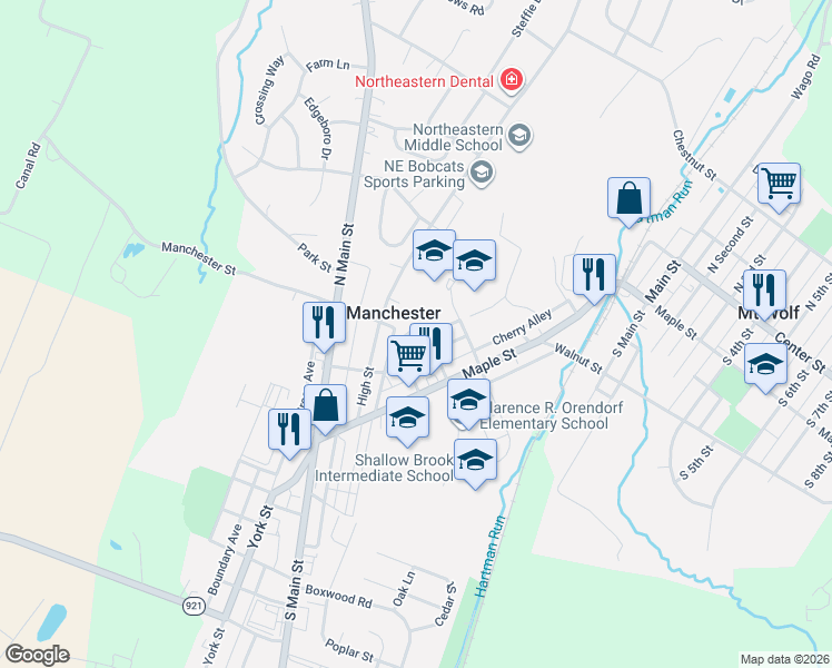 map of restaurants, bars, coffee shops, grocery stores, and more near 208 Royal Drive in Manchester
