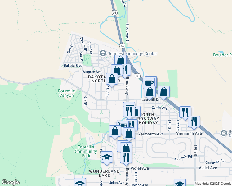 map of restaurants, bars, coffee shops, grocery stores, and more near 1001 Lee Hill Drive in Boulder