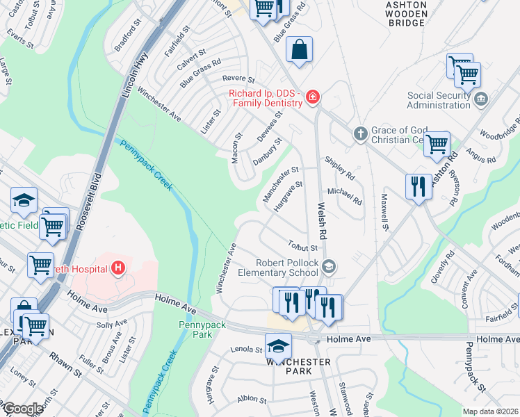 map of restaurants, bars, coffee shops, grocery stores, and more near 8728 Hargrave Street in Philadelphia