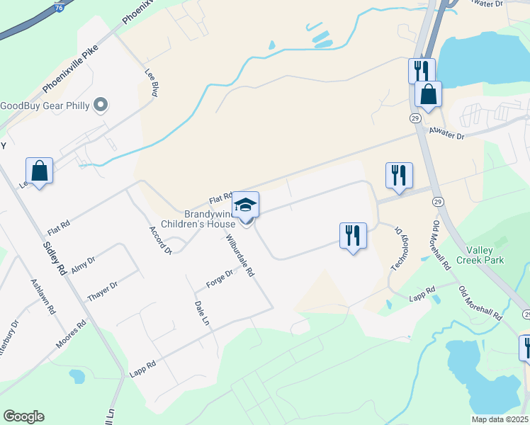 map of restaurants, bars, coffee shops, grocery stores, and more near 260 Great Valley Parkway in Malvern
