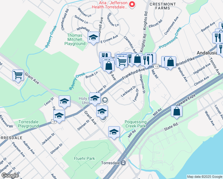 map of restaurants, bars, coffee shops, grocery stores, and more near 9849 Frankford Avenue in Philadelphia