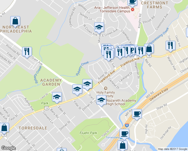 map of restaurants, bars, coffee shops, grocery stores, and more near 3981 Stevenson Street in Philadelphia