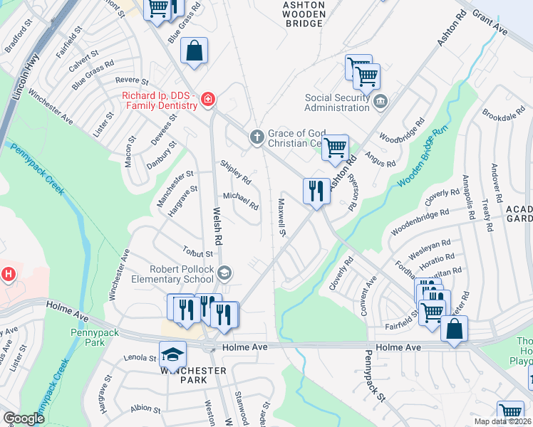 map of restaurants, bars, coffee shops, grocery stores, and more near 2840 Sebring Road in Philadelphia