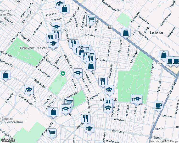 map of restaurants, bars, coffee shops, grocery stores, and more near 7122 Ogontz Avenue in Philadelphia