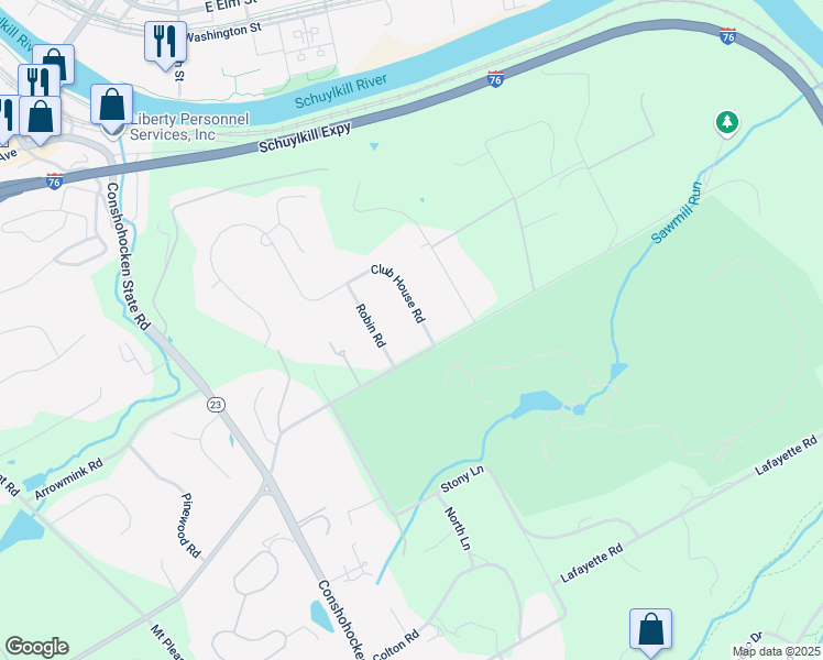 map of restaurants, bars, coffee shops, grocery stores, and more near 1106 Club House Road in Gladwyne