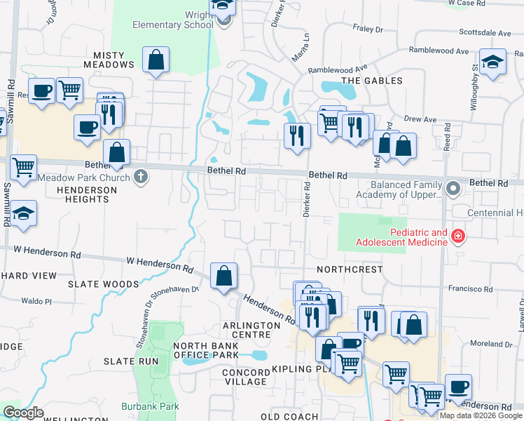 map of restaurants, bars, coffee shops, grocery stores, and more near 2228 Burgoyne Court in Columbus
