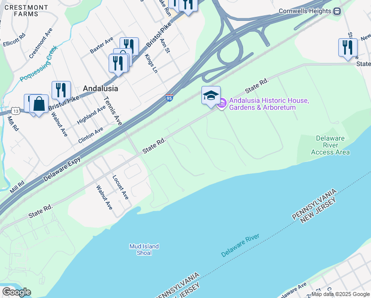 map of restaurants, bars, coffee shops, grocery stores, and more near 522 Maria Circle in Bensalem