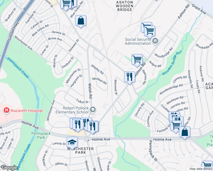map of restaurants, bars, coffee shops, grocery stores, and more near 2840 Sebring Road in Philadelphia