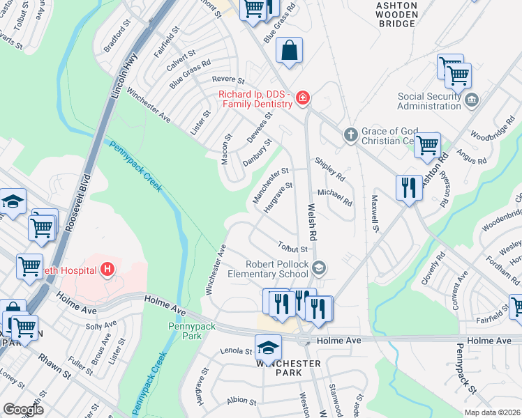 map of restaurants, bars, coffee shops, grocery stores, and more near 8728 Hargrave Street in Philadelphia