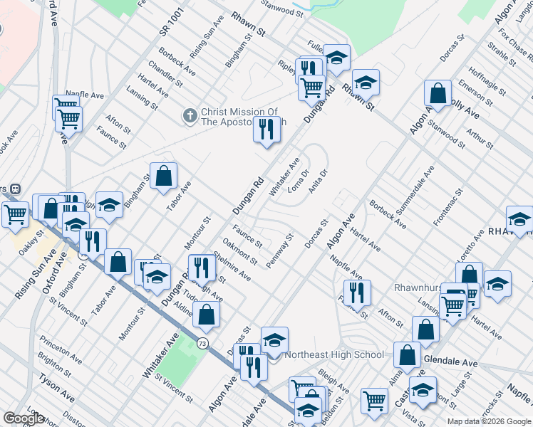 map of restaurants, bars, coffee shops, grocery stores, and more near 1402 Napfle Avenue in Philadelphia