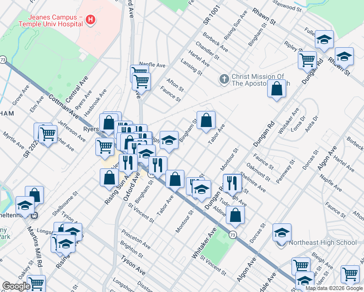 map of restaurants, bars, coffee shops, grocery stores, and more near 7419 Bingham Street in Philadelphia