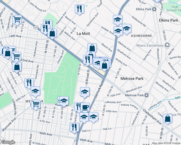 map of restaurants, bars, coffee shops, grocery stores, and more near 7201 North Broad Street in Philadelphia
