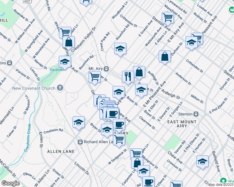 map of restaurants, bars, coffee shops, grocery stores, and more near 133 East Mount Airy Avenue in Philadelphia